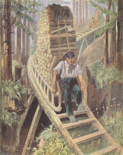 Transport drewna na saniach w Wogezach (kolorowa litografia) autorstwa European School