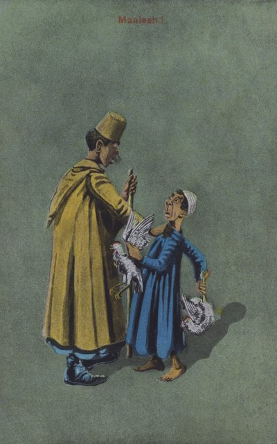 Dwóch mężczyzn kłóci się o kurczaki (kolorowa litografia) autorstwa European School