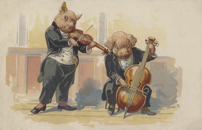 Dwie świnie grające na instrumentach muzycznych (kolorowa litografia) autorstwa European School