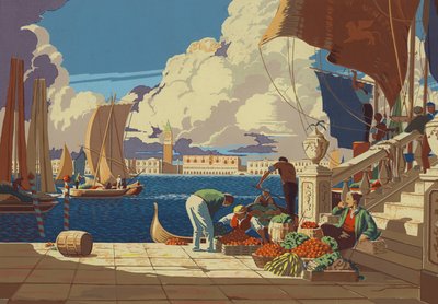 Wenecja, patrząc przez lagunę na San Marco (kolorowa litografia) autorstwa European School