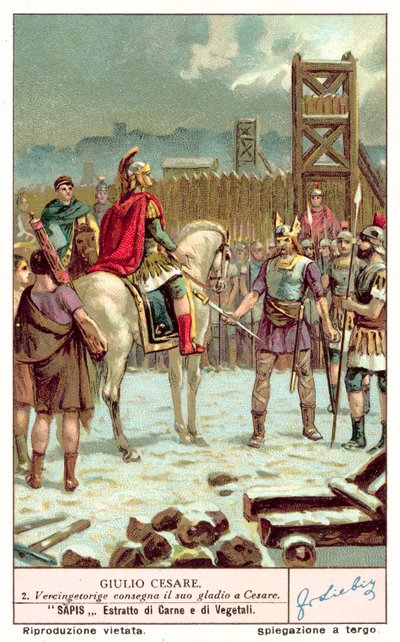 Wercyngetoryks poddający swój miecz Juliuszowi Cezarowi po oblężeniu Alezji, 52 pne (chromolitho) autorstwa European School