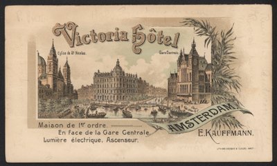 Victoria Hotel, Amsterdam (kolorowy grawerunek) autorstwa European School