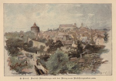 Widok Norymbergi i jej zamku, Niemcy (kolorowy grawerunek) autorstwa European School