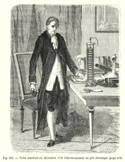 Volta buduje w grudniu 1799 r. elektromotor lub stos elektryczny (grawerowanie) autorstwa European School