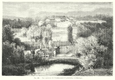 Widok zewnętrzny hodowli ryb Huningue (grawerowanie) autorstwa European School