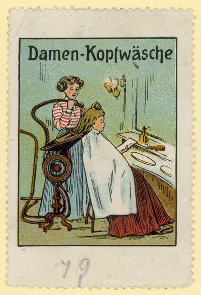 Maszyna do mycia włosów dla kobiet (kolorowa litografia) autorstwa European School