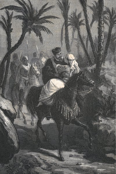 Cervantes jedzie na koniu z kobietą w oazie autorstwa Eusebio Planas
