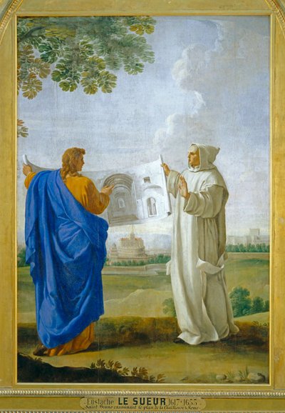 Święty Brunon bada rysunek term Dioklecjana, przyszłego miejsca, w którym miał powstać dom czartów w Rzymie ... autorstwa Eustache (studio of) Le Sueur
