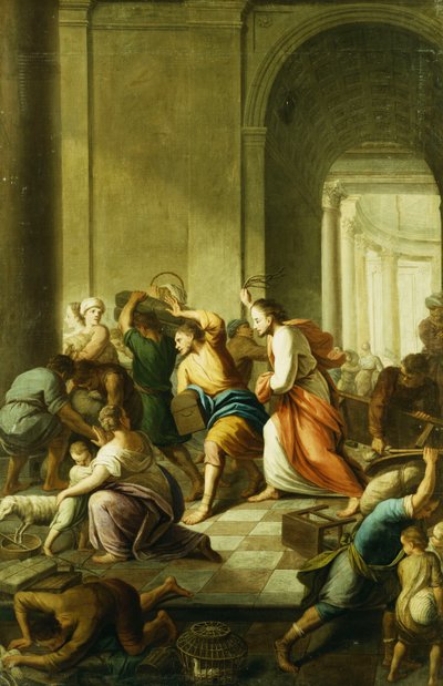 Chrystus wyprowadza zmieniaczy pieniędzy ze świątyni autorstwa Eustache Le Sueur