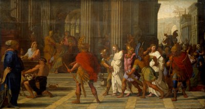 Św Gervais i święty Protais przyprowadzeni przed Astazjusza, odmawiają złożenia ofiary Jowiszowi autorstwa Eustache Le Sueur