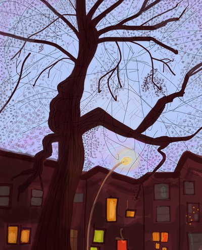 Brooklyn Brownstone Street At Dusk, 2016 (narysowane ręcznie na iPadzie ołówkiem Apple) autorstwa Evan Sklar