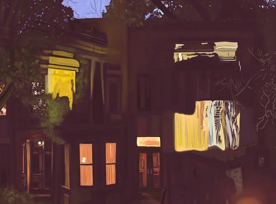 Kamienice w nocy, ok. 2020-24 (grafika cyfrowa) autorstwa Evan Sklar