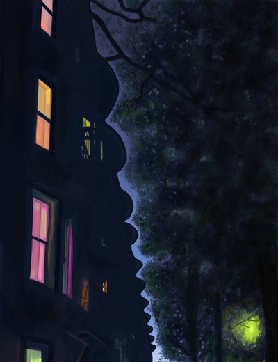 Wierzchołki budynków nocą, Brooklyn (grafika cyfrowa) autorstwa Evan Sklar