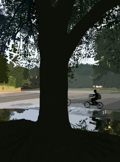 Rowerzysta i kałuża na ulicy Brooklyn (grafika cyfrowa) autorstwa Evan Sklar