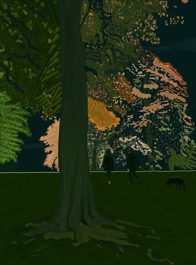 Nocny spacer z psem (grafika cyfrowa) autorstwa Evan Sklar