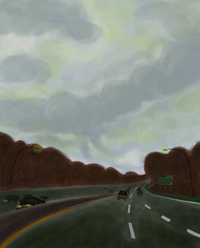 Driving the Long Island Expressway, 2017 (narysowane ręcznie na iPadzie ołówkiem Apple) autorstwa Evan Sklar