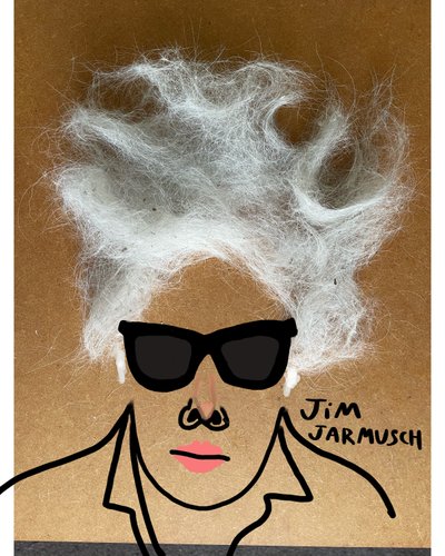 Jim Jarmusch (rysunek kolażowy) autorstwa Evan Sklar