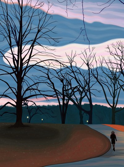 Mężczyzna ćwiczący w Prospect Park o wschodzie słońca o zmierzchu (grafika cyfrowa) autorstwa Evan Sklar