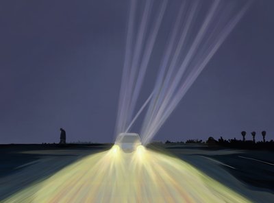 Mężczyzna spacerujący nocą po parkingu Lighthouse Beach, Chatham, Mass (grafika cyfrowa) autorstwa Evan Sklar