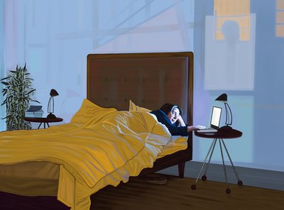 Michelle z laptopem w łóżku i cień mostu Manhattan (grafika cyfrowa) autorstwa Evan Sklar