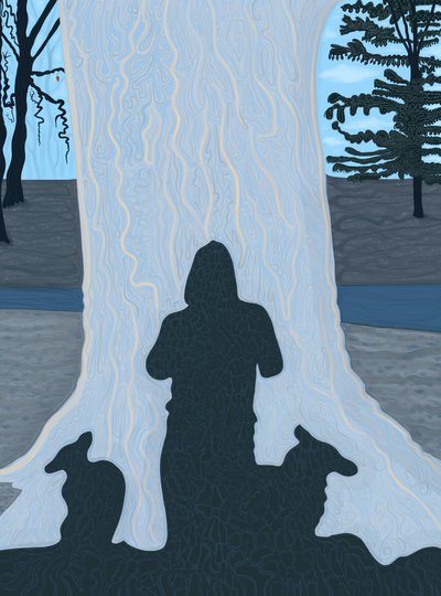 Cień człowieka i psów na dużym pniu drzewa, Brooklyn (grafika cyfrowa) autorstwa Evan Sklar