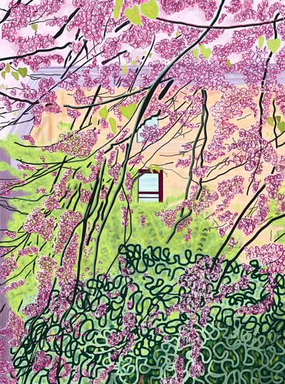Wiosenne drzewa i budynek mieszkalny, park Prospekt (grafika cyfrowa) autorstwa Evan Sklar