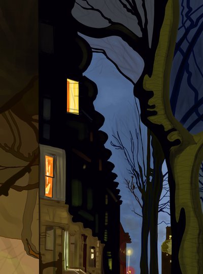 Wierzchołki ulic i budynków nocą (grafika cyfrowa) autorstwa Evan Sklar
