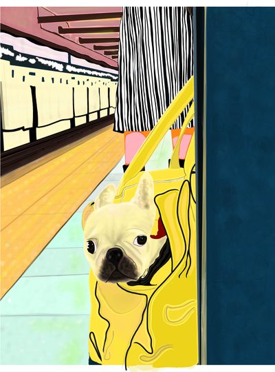 Podróżujący metrem z psem w torbie, Brooklyn (grafika cyfrowa) autorstwa Evan Sklar
