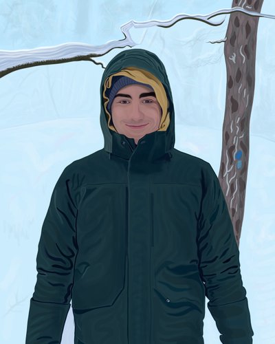 Młody mężczyzna w zielonej kurtce na śniegu (grafika cyfrowa) autorstwa Evan Sklar