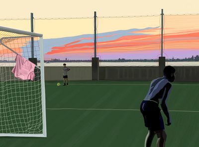 Młodzieżowa piłka nożna w Brooklyn Bridge Park (grafika cyfrowa) autorstwa Evan Sklar
