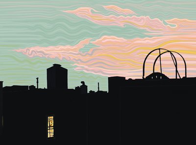 Dach i spiczaste chmury o zmierzchu (grafika cyfrowa) autorstwa Evan Sklar