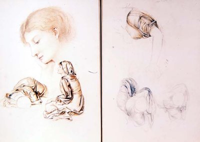 Sześć studiów modelek, dwie strony z jednego ze szkicowników artysty (ołówek, kreda na papierze) autorstwa Evelyn De Morgan