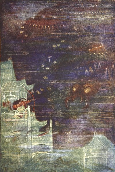 Hidesato i stonoga, ilustracja z „The Myths and Legends of Japan” autorstwa F. Hadlanda Davisa autorstwa Evelyn Paul