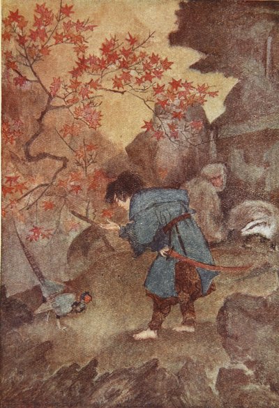 Momotaro i bażant, ilustracja z „The Myths and Legends of Japan” F Hadlanda Davisa autorstwa Evelyn Paul