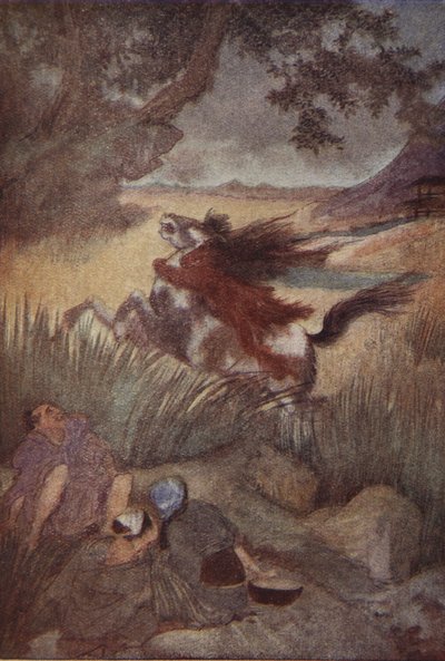 Kappa i jego ofiara, ilustracja z „The Myths and Legends of Japan” F. Hadlanda Davisa autorstwa Evelyn Paul