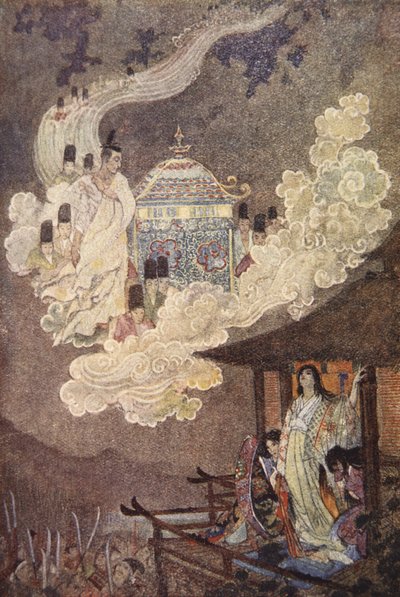 Moonfolk żąda Lady Kaguya, ilustracja z „The Myths and Legends of Japan” F Hadlanda Davisa autorstwa Evelyn Paul