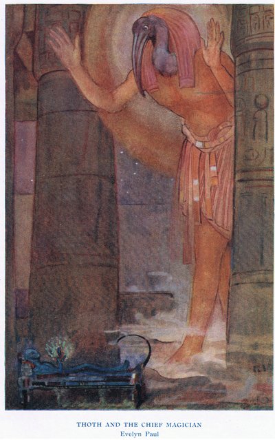 Thoth i główny mag, ilustracja z „Księgi mitów” (kolor lito) autorstwa Evelyn Paul