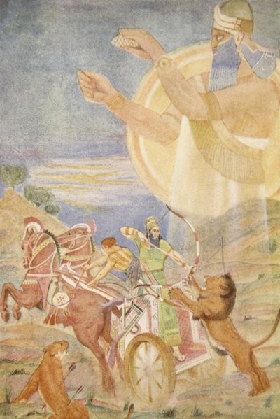 Tiglath-Pileser I w reżyserii Niniba, ilustracja do filmu „Mity i legendy Babilonii i Asyrii” Lewisa Spence