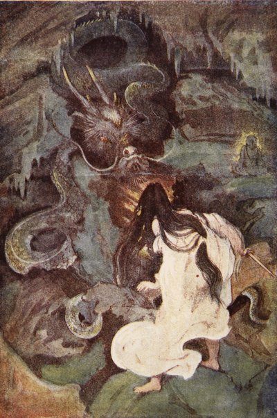 Tokoyo i wąż morski, ilustracja z „Mity i legendy Japonii” F. Hadlanda Davisa autorstwa Evelyn Paul
