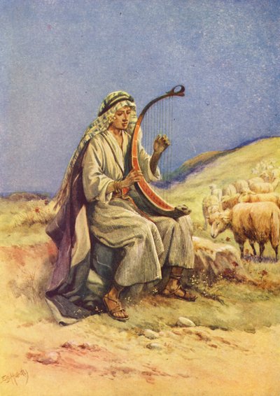 Dawid grający na harfie (kolorowa litografia) autorstwa Evelyn Stuart Hardy
