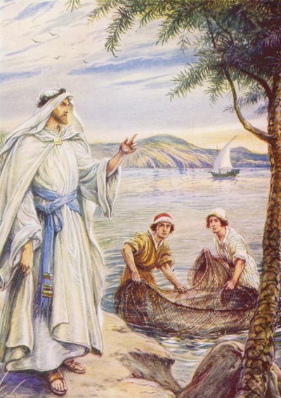 Jezus wzywający rybaka (kolorowa litografia) autorstwa Evelyn Stuart Hardy