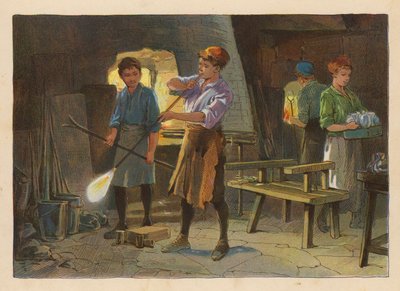 Mali pracownicy: Dmuchanie szkła (druk kolorowy) autorstwa Evelyn Stuart Hardy