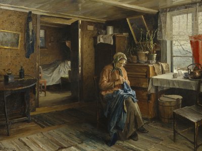 Żona we wnętrzu farmera (olej na płótnie) autorstwa Even Ulving