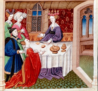 Iseult (lub Iseult) błagają o ochronę królowej Guenevre siedzącej przy jej stole. Miniatura zaczerpnięta z „”Romanesque du Chevalier Tristan et de la reine Yseult”” Gassien de Poitiers iluminowana przez Everarda de Espinques (Evrard d