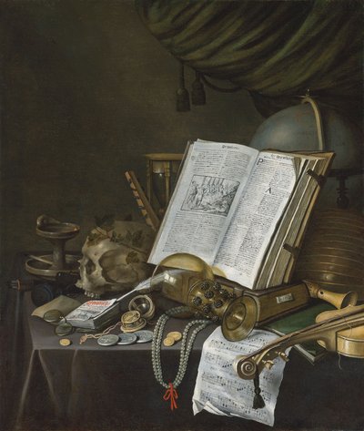 Martwa natura z monetami i innymi przedmiotami na stole autorstwa Evert Collier