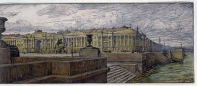 Miejsce Senatu w Sankt Petersburgu. Opis zabudowy nad brzegiem Newy. Dzieło Evgeny Evgenyevich Lanceray (Eugene Lansere) (1875-1946), litografia autorstwa Evgeni Evgenievitch Lanceray
