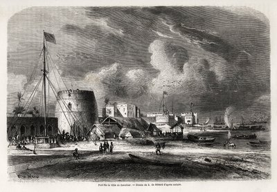 Port miasta Zanzibar (dzisiejsza Tanzania), rysunek Evremonda de Berard (1824-1881), ilustrujący podróż kapitana Burtona do Wielkich Jezior Afryki Wschodniej w latach 1857-1859. Grawerowanie w „”Le tour du monde, nouveau journal des voyages””Paryż autorstwa Evremond de (after) Berard