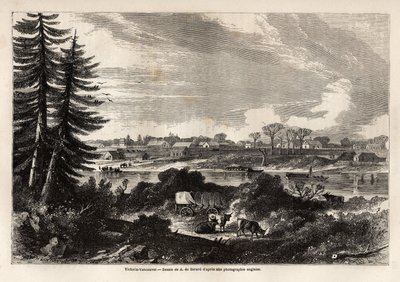 Widok Victorii-Vancouver, stolicy Kolumbii Brytyjskiej, rysunek Auguste de Berard (1824-81), ilustrujący eksplorację Gór Skalistych w latach 1857-59 przez kapitana Johna Pallisera. Grawerowanie w „”Le tour du monde, nouveau journal des voyages””Paryż autorstwa Evremond de (after) Berard