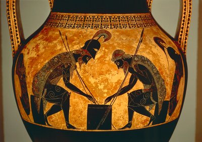 Strychowa amfora czarnofigurowa przedstawiająca Achillesa i Ajaksa grających w kości, z Vulci, ok. 540-530 p.n.e. (ceramika) (detal) autorstwa Exekias Exekias