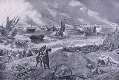 Jakub II w bitwie pod La Hogue, 23 maja 1692, ilustracja z brytyjskich bitew lądowych i morskich, 1915 autorstwa Eyre Crowe